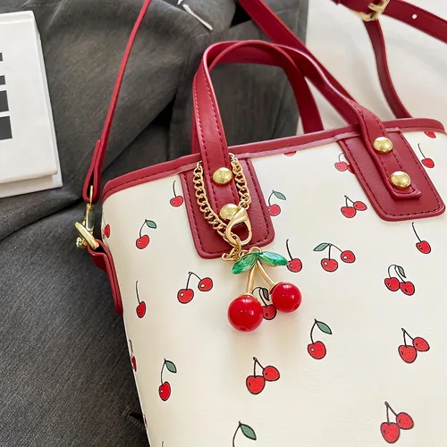 Vista 2 de Bolso tote de piel de cerezo Lindo bolso de hombro Y2K para mujer, bolso de diseñador rojo con asa superior, bolso de mano con estampado de frutas