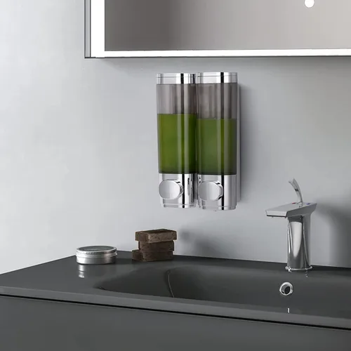 Vista 4 de Dispensador de jabón montado en la pared para baño, 2 cámaras, dispensador de jabón de ducha de 20.3 fl oz, dispensador de jabón corporal