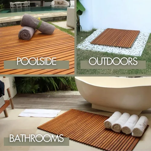 Vista 5 de Nordic Teak - Tapete de Cuerda de Madera de Teca 100% Maciza - Para Uso Interior y Exterior - Plataforma de Madera Antideslizante para Sauna