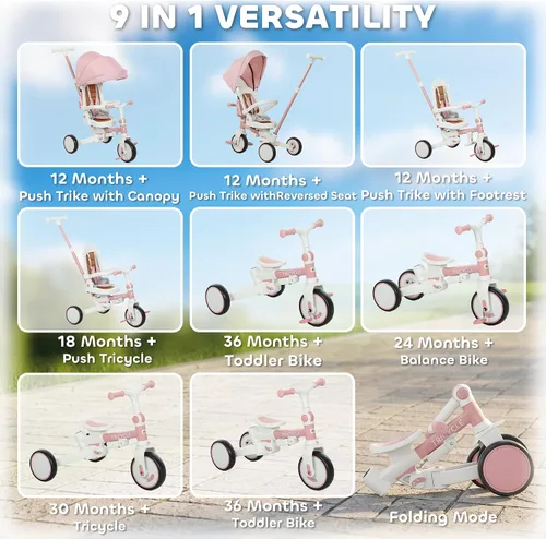 Vista 3 de Qaba 7 en 1 triciclo cochecito plegable bicicleta para niños pequeños 1-5 Rosa