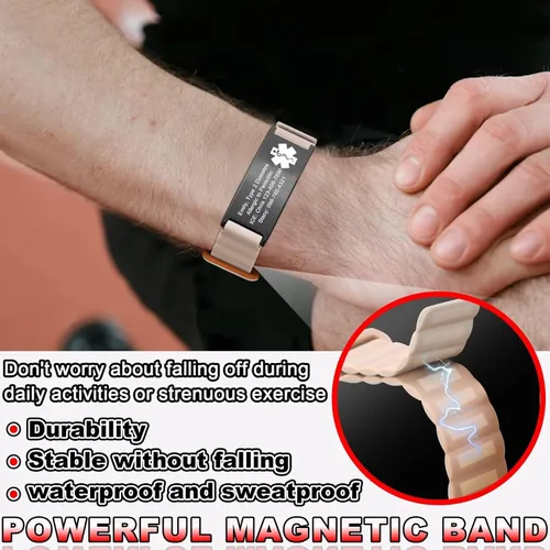 Vista 3 de Cómodas pulseras de alerta médica personalizadas para mujeres y hombres, pulsera médica grabada personalizada con correa de silicona magnética