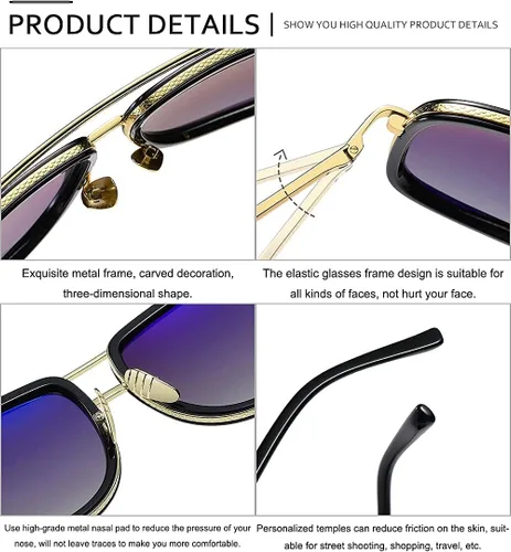 Vista 4 de SHEEN KELLY Retro Oversized Pilot Sunglasses Square Frame Metal Men Women Mirror Lens Blue Silver Pink Black