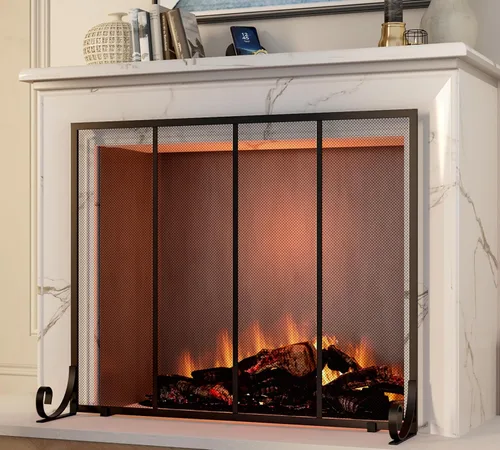 Vista 6 de Fire Beauty Protector de chispas para chimenea de panel plano, puerta de metal forjado, cubierta de seguridad decorativa para chimenea, protector