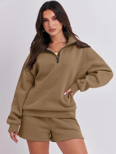 Vista 2 de Prinbara Women 2 Piece Outfits Fall Clothes Set Sweatsuit Oversized Half Zip Casual Short Set Lounge 2023 Trendy Sweat
