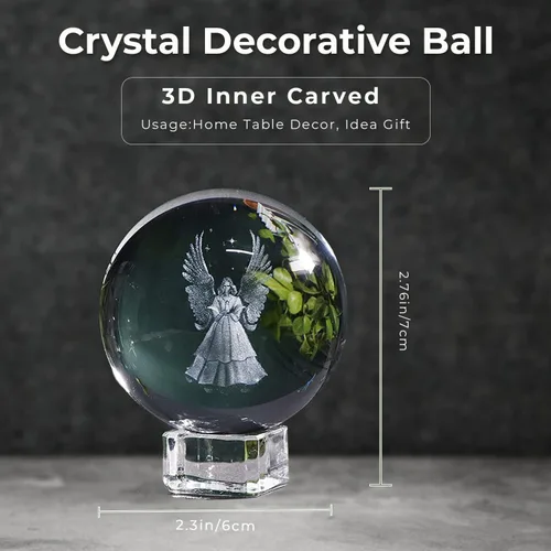 Vista 5 de Bola de cristal de ángel de la guarda 3D con soporte de cristal, pisapapeles de 2.362 in (2.3 pulgadas) esfera de vidrio grabada con láser