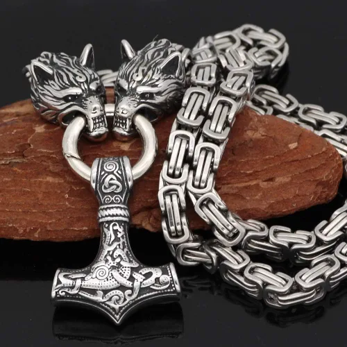 Vista 2 de GuoShuang Wolf Head with Thor Mjolnir Pendant Necklace Stainless Steel - King Chain