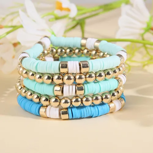 Vista 2 de Wonlte - Juego de pulseras de cuentas de arcilla Heishi, pulseras elásticas apilables con cuentas de mal de ojo, pulseras elásticas apilables