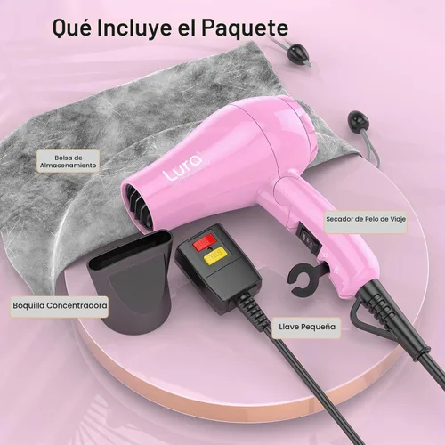 Vista 5 de Dreyr Mini - Secador de pelo plegable para viajes internacionales, secador de pelo compacto de 1200 W con concentrador y bolsa de viaje