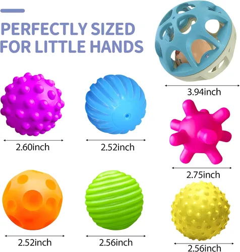 Vista 7 de Montessori - Juego sensorial para bebés y niños pequeños, paquete de 6 bolas texturizadas suaves y sonajero de paja de trigo, juguetes educativos