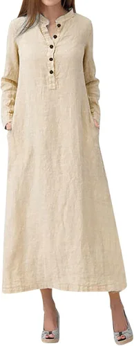 Vista 10 de Maxi vestido largo liso para mujer, de algodón caftán, manga larga, vestido de gran