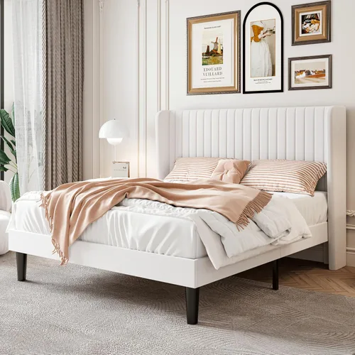 Vista 20 de SHA CERLIN - Marco de cama de terciopelo tamaño matrimonial, cabecera con alas copetudas, color negro 47'' Modern Vertical Channel Headboard
