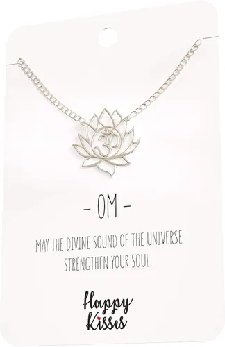 Vista 7 de Happy Kisses - Collar con colgante de flor de loto para yoga, con símbolo de OM, con tarjeta de mensaje, chapado en plata