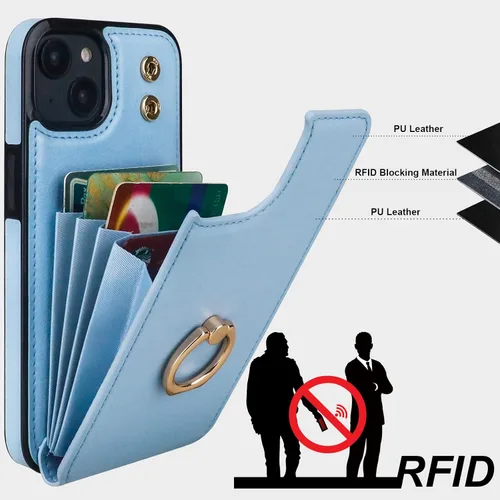 Vista 5 de Folosu Funda Compatible con iPhone 13 Cartera con Soporte para Tarjetas, Soporte de Anillo de Dedo con Rotación de 360° y Función Atril Protectora