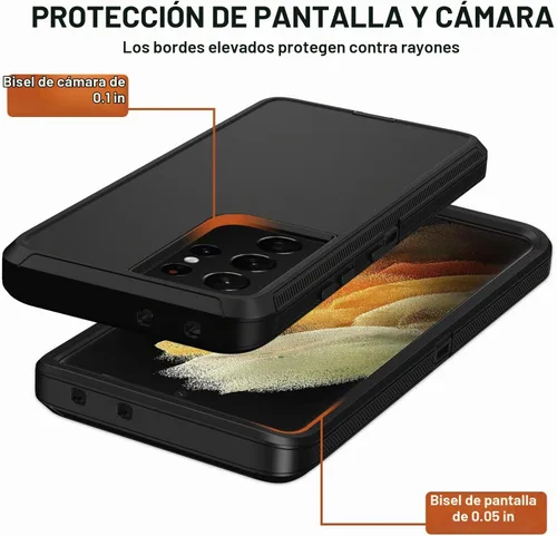 Vista 5 de Funda para Samsung Galaxy S21 Ultra con funda de clip para cinturón, 2 protectores de pantalla, cuerpo completo resistente, a prueba de golpes, a
