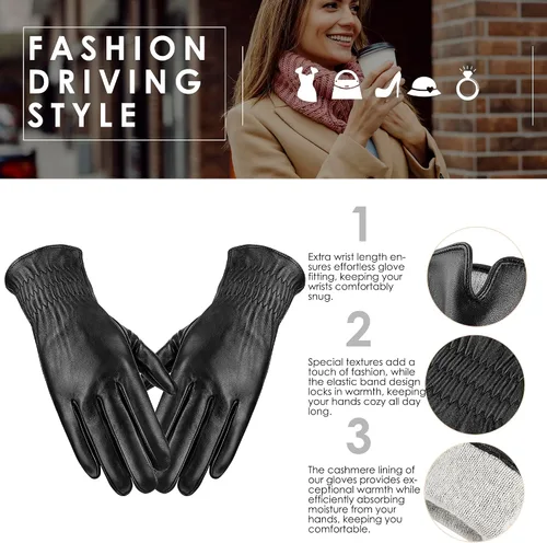 Vista 7 de Guantes de cuero genuino para mujer, guantes de invierno cálidos con forro de cachemira para pantalla táctil para conducir, guantes de piel de oveja