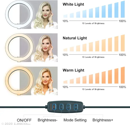 Vista 2 de LINCO Lincostore AM275 - Anillo de luz para selfie de 10 pulgadas con trípode y soporte para teléfono con control remoto Bluetooth para transmisión
