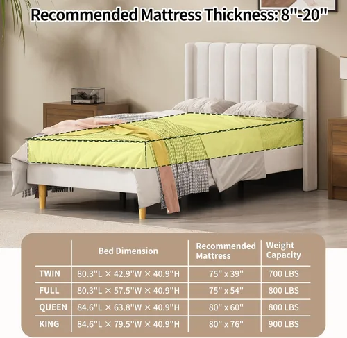 Vista 9 de Marco de cama tapizado de terciopelo individual con cabecera con respaldo de ala, color crema Cama de plataforma capitoné de canal vertical