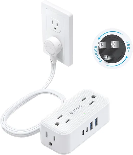 Vista 10 de TROND - Regleta de alimentación con enchufe plano giratorio de 360°, cable de extensión de 3 pies con 4 puertos USB, 4 tomas de CA ampliamente