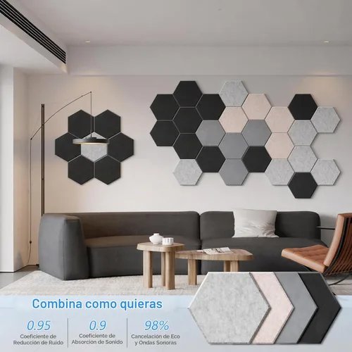 Vista 6 de Paquete de 12 paneles acústicos hexagonales, paneles autoadhesivos para amortiguar el sonido, paneles de espuma a prueba de sonido para paredes Negro