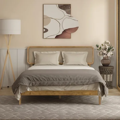 Vista 11 de Lupin - Base de cama de madera con cabecero, base de madera de roble macizo y goma con listones silenciosos y soportes centrales de madera, Negro