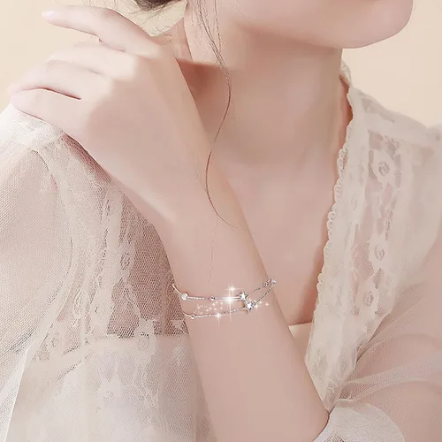 Vista 8 de Juego de joyas de plata para mujer, juego de aretes de plata y oro, pulsera de estrella de doble capa, pulsera de aleación, pulsera de muñeca