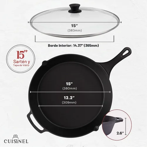 Vista 4 de Cuisinel Sartén de hierro fundido de 15" + tapa de vidrio + raspador de sartén negro + cubierta de agarre de mango de silicona - Utensilios