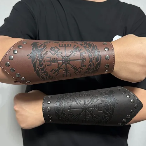 Vista 4 de Pulsera de cuero con guantelete medieval, muñequeras vikingas, guardias de tiro con arco, brazaletes de brazo ancho para mujeres y hombres, 2