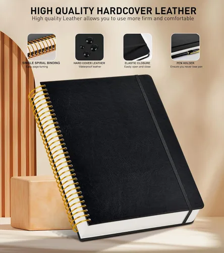 Vista 3 de Cuaderno de espiral A4 de 8.5 x 11 pulgadas, 256 páginas numeradas, de tapa dura, de cuero, para mujeres y hombres, cuadernos grandes rayados