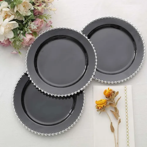 Vista 2 de Tableclothsfactory Paquete de 10 platos de postre de plástico con borde de cuentas negras y plateadas de 8 pulgadas, platos redondos desechables