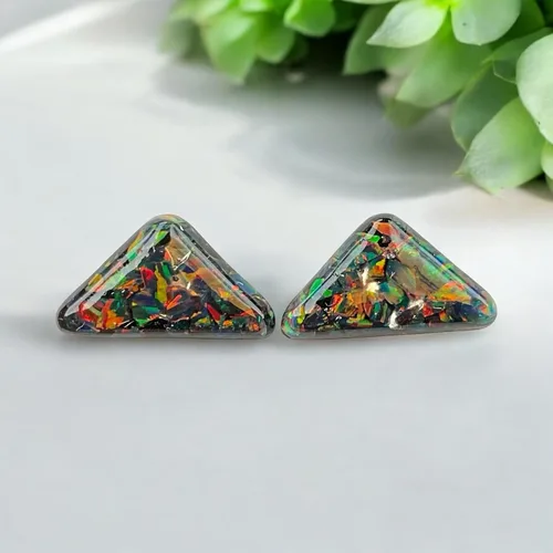 Vista 2 de October Birthstone Crushed Black Rainbow Opal Resin Earrings Stainless Steel Stud