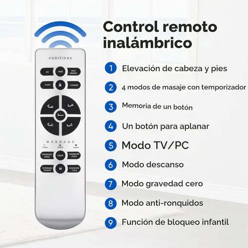 Vista 7 de Base de cama ajustable individual XL con masaje, base de cama eléctrica con patas ajustables, puertos USB, control remoto inalámbrico, gravedad cero