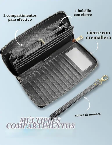 Vista 5 de Yarnic Cartera para mujer, negro, piel sintética, protección RFID, 8.9 x 4.7 x 0.8 pulgadas