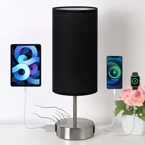 Vista 10 de Yarra-Decor Lámpara de noche mejorada con puertos de carga USB A+C y salida de CA, lámpara de mesa de control táctil para dormitorio, lámpara de Gris