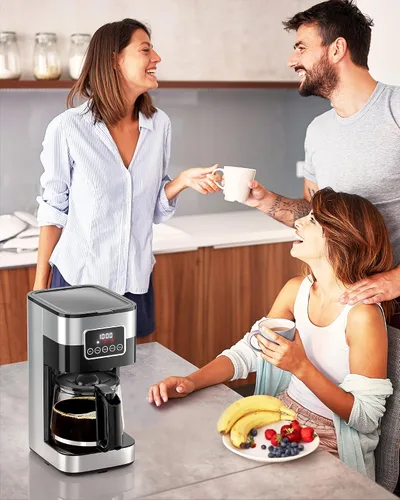 Vista 7 de Cafetera de 10 tazas, cafetera programable por goteo con cafetera de cristal, cafetera de acero inoxidable con temporizador y control de fuerza
