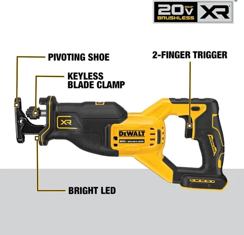 Vista 5 de DEWALT Sierra recíproca MAX* de 20 V, inalámbrica, disparador variable de 2 dedos, abrazadera de hoja sin llave, solo herramienta (DCS382B)