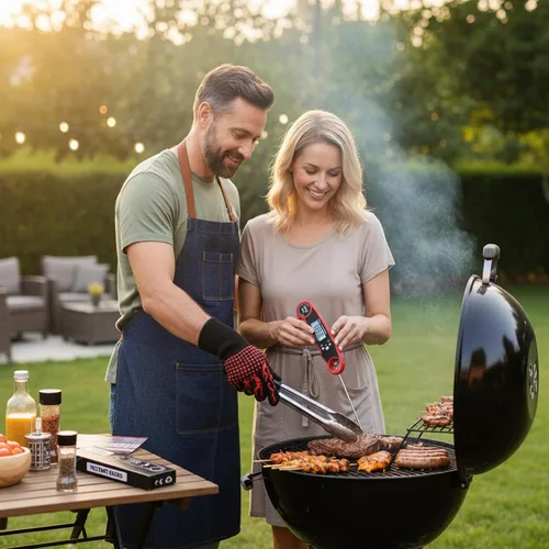 Vista 2 de Guantes resistentes al calor, guantes de barbacoa para hombres y mujeres, guantes de cocina de hasta 1472 °F + sonda termómetro de carne apagado