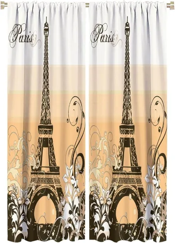 Vista 34 de Cortinas de la Torre Eiffel de París, pintura al óleo, flores moradas, torres de ciudad, con bolsillo para barra, cortinas de ventana