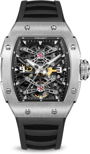 Vista 2 de WISHDOIT Relojes mecánicos automáticos Tonneau para hombre, reloj de pulsera con forma de barril de acero inoxidable plateado estilo deportivo