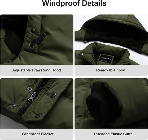 Vista 6 de Pursky Chaqueta de plumón impermeable para hombre, abrigos de invierno con capucha de piel para esquiar, parka con capucha de piel Verde militar