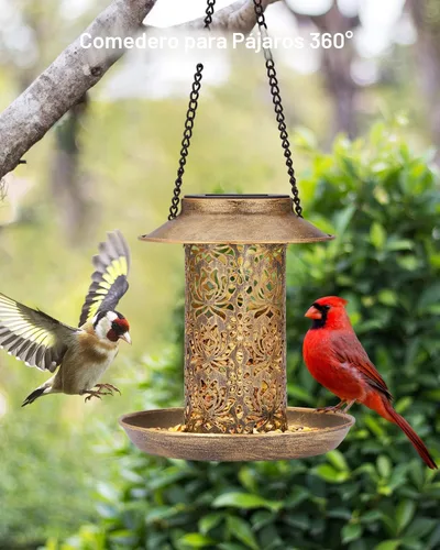 Vista 5 de SWEETFULL Comedero Solar para Pájaros para Exteriores Colgante, Comedero de Metal para Pájaros Silvestres para Cardenales, Farol Solar de Jardín
