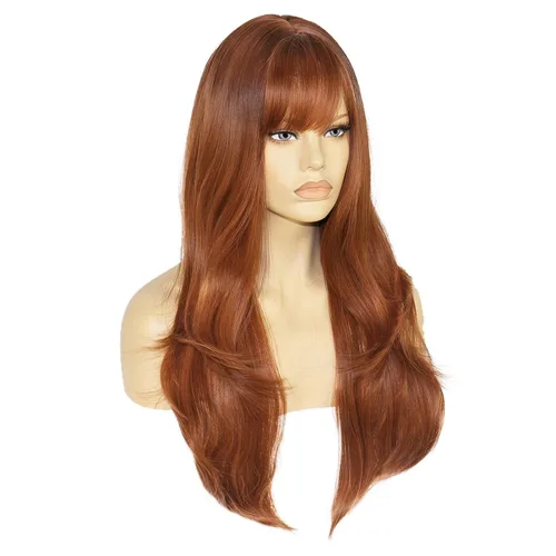 Vista 3 de + Gorra de peluca de 28 pulgadas, peluca de jengibre con flequillo, peluca roja cobre para mujer, peluca roja cobre con flequillo, cabello en capas