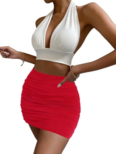 Vista 5 de Afibi Minifalda casual elástica de cintura alta fruncida de doble capa para mujer