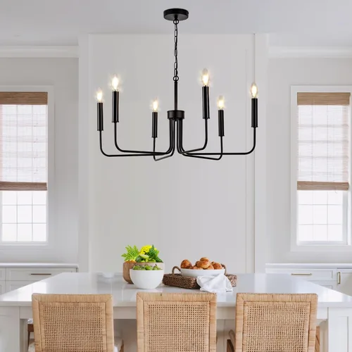 Vista 18 de Lámpara colgante estilo granja, luces colgantes negras para isla de cocina, luz colgante de metal industrial y madera vintage, lámpara de techo