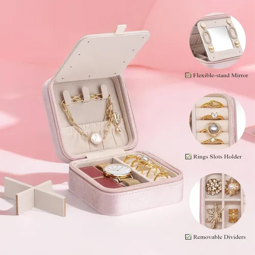 Vista 3 de Vlando - Joyero pequeño para viajes, estuche organizador de exhibición para guardar anillos, aretes y collares, terciopelo suave seleccionado, letra