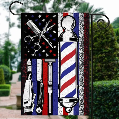 Vista 3 de Bandera de peluquero orgulloso para peluquero y estilista (12 x 18 pulgadas), bandera de jardín de Estados Unidos de alta calidad, banderas