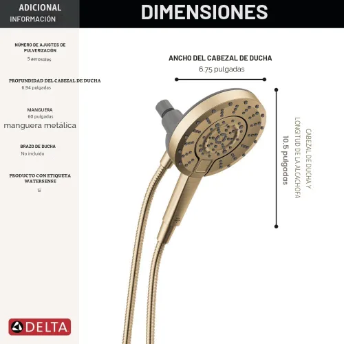 Vista 7 de Delta In2ition - Cabezal de ducha doble 2 en 1 de 5 ajustes con spray ProClean de alta presión de mano, cabezal de ducha desmontable dorado