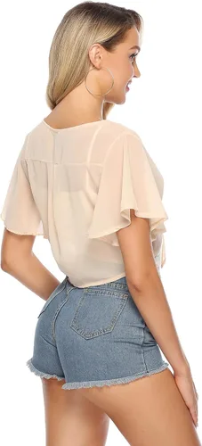 Vista 4 de iClosam Cárdigan de manga corta de gasa con lazo frontal para mujer, bolero transparente