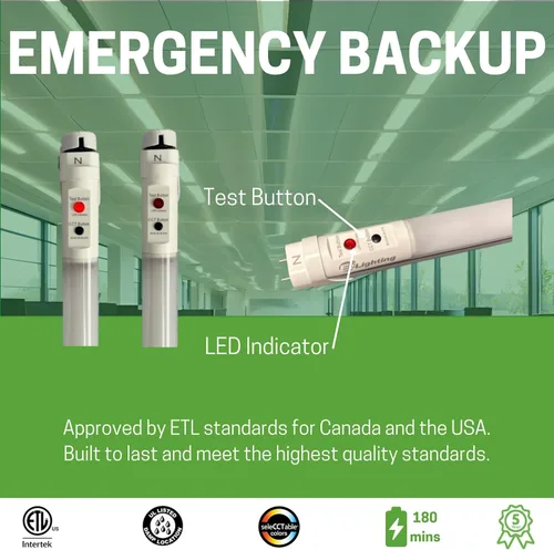Vista 5 de E2 LIGHTING Bombillas LED T8 de 4 pies con batería de emergencia, repuesto de tubo fluorescente, 5 CCT sintonizables 2700K-5000K, 6W, 120-277V