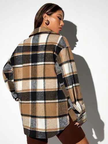 Vista 2 de RMLYUSR Abrigos para mujer de invierno con estampado a cuadros y hombros caídos, abrigo para mujer (color multicolor, tamaño L)