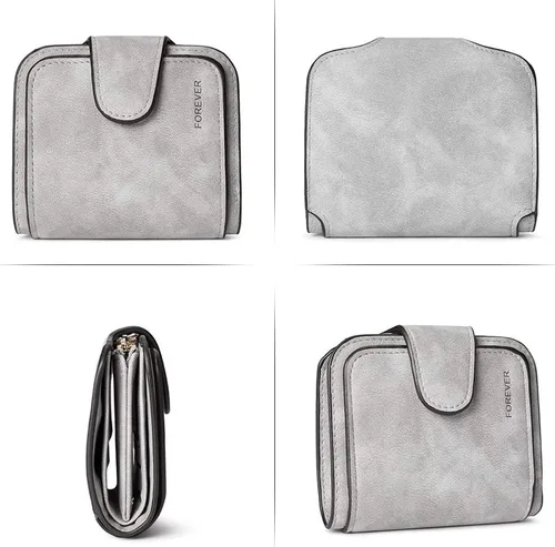 Vista 3 de KELEEL Cartera de cuero para mujer, monedero de embrague para tarjetas de crédito, soporte para monedas, plegable, Gris corto, Classic